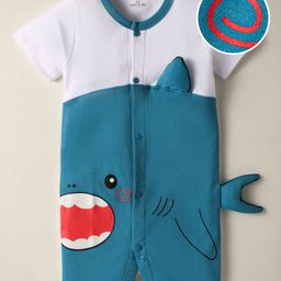 Mark & Mia Cotton Knit Half Sleeves Romper With Shark Print & Applique - White & Teal Blue-image-98