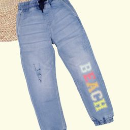 Kiddopanti Denim Beach Text Printed & Distressed Jogger Style Jeans - Light Blue-image-9