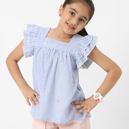 Nauti Nati Cotton Flutter Sleeves Striped & Floral Embroidered Top - Blue & White-image-87