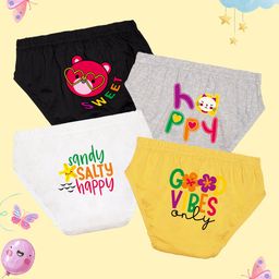 NUSYL Cotton Pack Of 4 Happy Text & Teddy Bear Face Printed Panties - Black Grey White & Yellow-image-17
