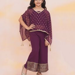 KID1 Georgette Half Batwing Sleeves Foil Leaves Printed Kaftan Top & Palazzo With Inner Tee Set - Wine-image-94