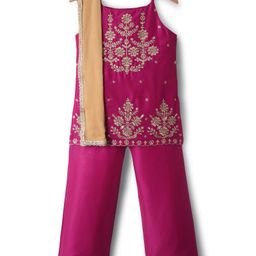 Pine Kids Woven Sleeveless Kurta Palazzo & Dupatta Set With Floral Embroidery & Sequin Detailing - Dark Pink-image-1