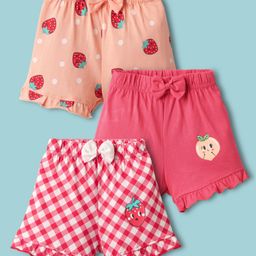 Teddy Sinker Knit Knee Length Shorts With Checks Strawberry Print & Bow Applique Pack Of 3 - Pink White & Peach-image-65