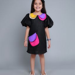 PinkChick Cotton Half Balloon Sleeves Colour Blocked Dress With Sling Bag & Hair Clip - Black-image-3