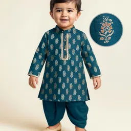 EARTHY TOUCH Single Jersey Knit Full Sleeves Kurta Dhoti Set with Floral Print & Lace Detailing - Teal Blue-picture-18