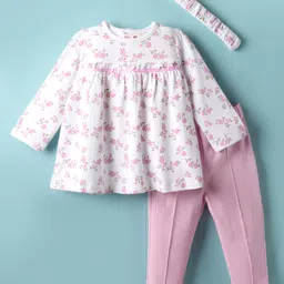 ToffyHouse Interlock Knit Full Sleeves Floral Printed Top & Lounge Pant Set With Bow Applique & Headband - White & Pink-picture-40