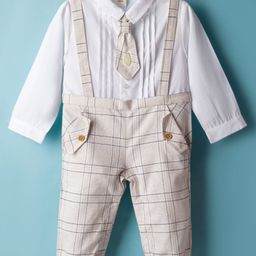 ToffyHouse Cotton Knit Full Sleeves Dungaree Style Party Rompers with Checks & Attached Tie - White & Beige-picture-5