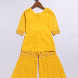 JBN Creation Georgette Three Fourth Sleeves Threadwork Embroidered Sequins & Lace Embellished Kurta Sharara With Dupatta Set - Yellow image 3