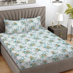 FABINALIV Turquoise Blue & Mustard Floral 300 TC King Bedsheet with 2 Pillow Covers-image-15