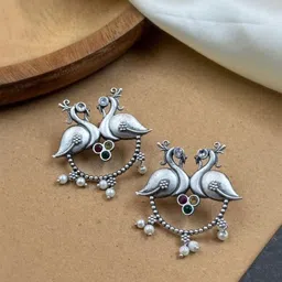 NAMAN ARTS Silver-Plated Stones Studded and Beaded Peacock Shaped Oxidised Drop Earrings-image-12