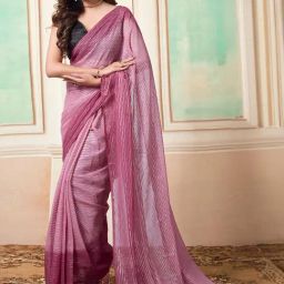 Satrani Pink & Silver Striped Saree With Unstitched Blouse-image-26