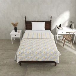 JaipurFabric Mustard & Grey Mulmul Cotton 180 TC Artistic Maze Reversible Single Bed Dohar-18