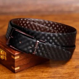 Louis Stitch Black & Brown Checks Spanish Leather Reversible Belt for Men-image-56