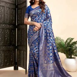 Satrani Blue Silk Blend Woven Saree With Unstitched Blouse-image-83