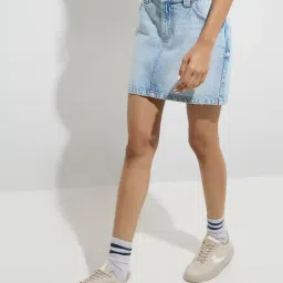 Nuon by Westside Light Blue Washed Mid-Rise Denim Skirt-image-43