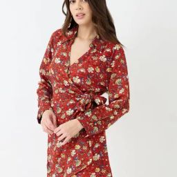 Globus Women Red Collared V-Neck Cuffed Sleeves Allover Floral Print Mini Tie-Up Wrap Dress-image-29