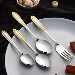 FNS Classic Silver Stainless Steel 24 Karat Gold Plated Cutlery with Leatherette Box - Set of 24-picture-23