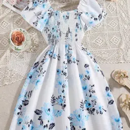 Bolly Lounge Girls Sea Foam White & Blue Floral Dress-picture-4