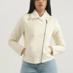 United Colors of Benetton White Solid Biker Jacket-picture-47