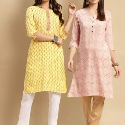 Rangita Yellow & Peach Floral Print Straight Kurta - Pack OF 2-image-5