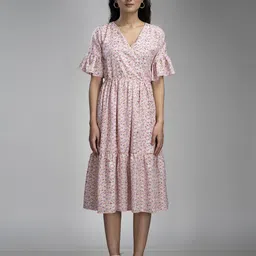 KRISS-CROX Georgette Floral Printed Flared Sleeve Wrap Dress-image-92