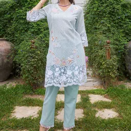 Sangria Schiffli Embroidered Pure Cotton Tunic With Trouser Co-Ords-image-27