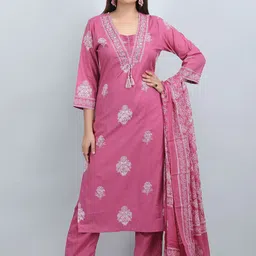 SHIFORY Floral Printed Sequinned Pure Cotton Straight Kurta With Trousers & Dupatta-45