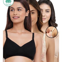 Inner Sense Pack Of 3 Organic Antimicrobial Padded Non Wired Feeding Bra - Beige Black Peach-image-57