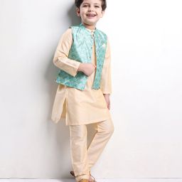 Babyhug Full Sleeves Solid Kurta & Pyjama Set With Printed Waistcoat - Beige-image-79