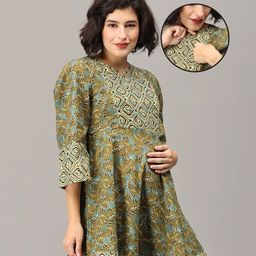 The Mom Store Three Fourth Sleeves Seamless Leaves Printed Maternity Short  Kurta With Concealed Zipper Nursing Access - Olive Green-image-4