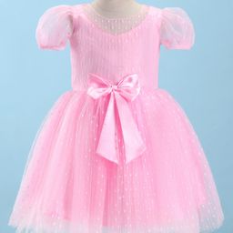 Mark & Mia Half Sleeves Party Frock With Bow Applique - Pink-image-73
