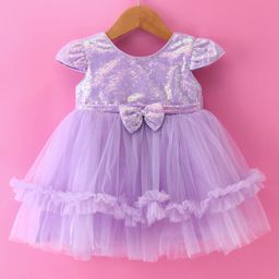 Babyhug Woven Cap Sleeves Glitter Mesh Dress With Bow Applique Sequins & Frill Detailing -  Lavender-image-10