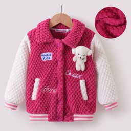 Kookie Kids Full Sleeves Collared Winter Fur Jacket with Teddy Bear Applique & Pockets - Fuchsia-image-82