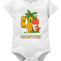 Zeezeezoo 100% Cotton Half Sleeves Birthday 4th Month Baby Dinosaur Printed Onesie - White-image-59