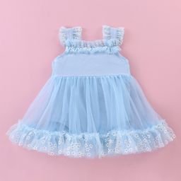 Mark & Mia Woven Sleeveless Party Frock with Floral Print & Frill Detailing - Sky Blue-image-83