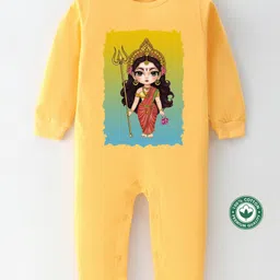 BLUSHES Durga Puja Theme 100% Cotton Full Sleeves Durga Maa Printed Romper - Yellow-picture-9