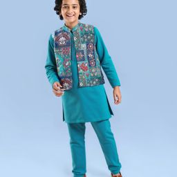 Pine Kids Woven Full Sleeves Solid Kurta Pyjama Set with Floral Embroidered Jacket - Teal Blue-picture-18