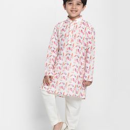 Vastramay Muslin Full Sleeves Feather Printed & Lace Embellished Kurta Pyjama Set - Cream-image-97