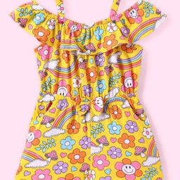 Babyhug Single Jersey Knit Cold Shoulder Sleeves Jumpsuit with Floral Print & Bow Applique - Yellow-image-73