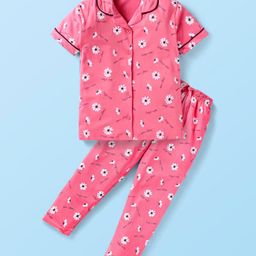 Doreme Single Jersey Knit Full Sleeves Floral Printed Night Suit - Dark Pink-picture-25