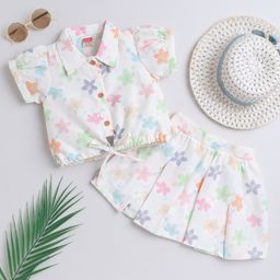 Tweetoons Woven Half Sleeves Floral Printed Shirt Style Top & Skirt Set - White & Pink-image-35