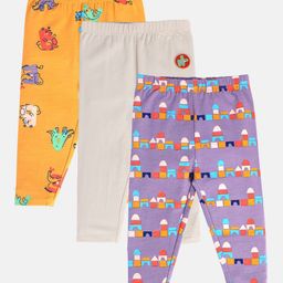 MINI KLUB Cotton Pack Of 3 Animals & Building Blocks Printed Leggings - Orange Purple & Beige-image-95