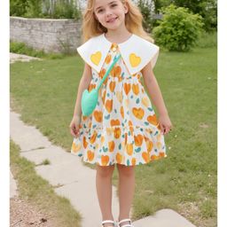 Mark & Mia Sleeveless Peter Pan Collar Frock with Floral Print Heart Patch Embroidery & Sling Bag - Yellow-image-48