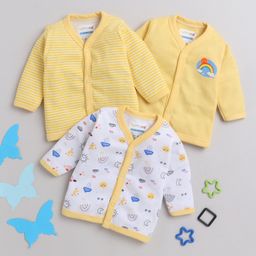 BUMZEE Interlock Cotton Knit Full Sleeves Jhablas with Stripes & Rainbow Print Pack of 3 - White & Yellow-image-77