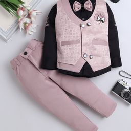 Fourfolds Full Sleeves Typography Printed Shirt With Embroidered Waistcoat Trousers & Bow Set - Pink-picture-25
