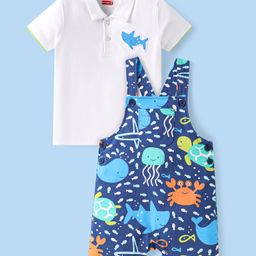 Babyhug Single Jersey Knit Dungaree & Half Sleeves Polo T-Shirt With Fish Print - Blue-image-95