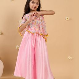 Pspeaches Georgette One Shoulder Hald Sleeves Floral Printed Top & Palazzo Set - Pink-image-96