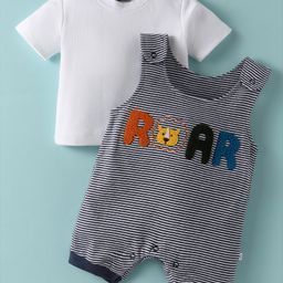 Wonderchild Striped & Roar Text Embellished Romper With Half Sleeves Solid Tee - White & Navy Striper-image-50