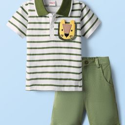 Babyhug Single Jersey Knit Half Sleeves Striped Polo T-Shirt & Shorts Set With Lion Applique - White & Olive Green-picture-15