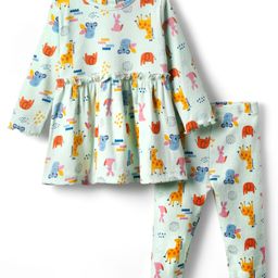 CUCUMBER Interlock Knit Full Sleeves Frocks with Legging With Animal Print - Light Green-picture-30